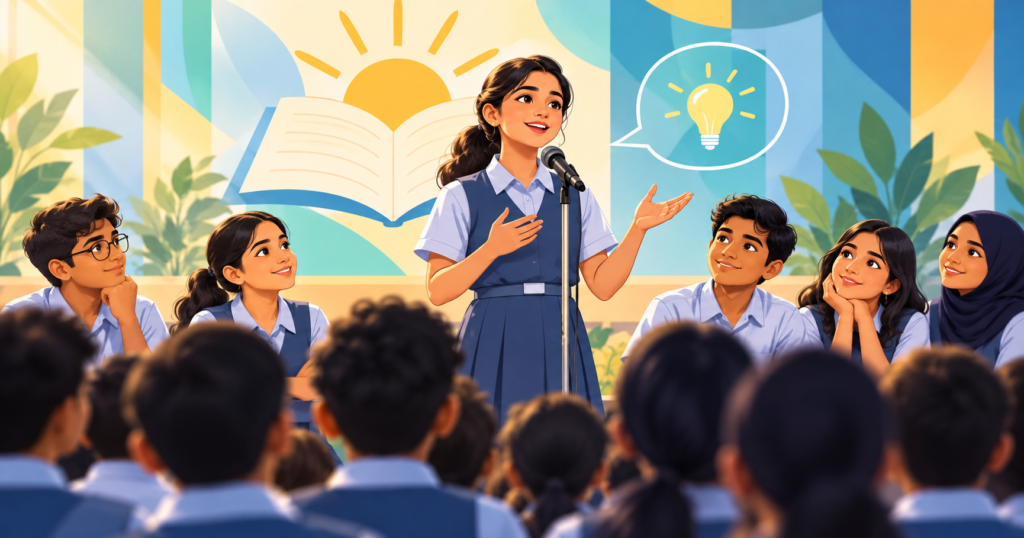 Student sharing a positive thought during a school assembly