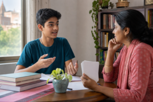 Indian student practising answers for a school viva at home