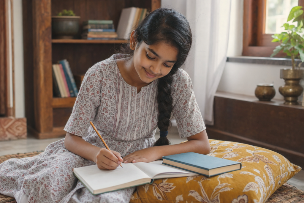Indian student writing a book review after reading at home