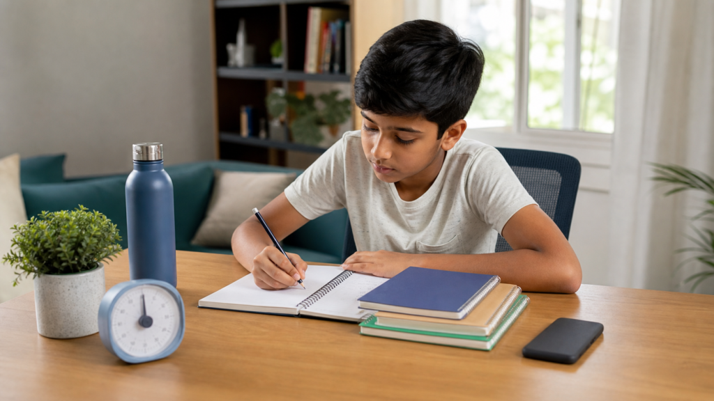 Student using a timer and organised desk to finish homework faster