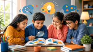 Middle-school students using a picture book and magnifying glass to understand reading