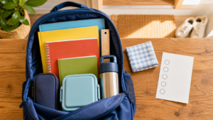 Organised school bag with notebooks, stationery, lunch and water bottle