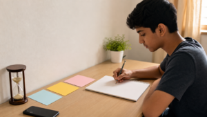 Student beginning a study task with an organised desk and timer