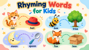 Rhyming words for kids illustrated with cat-hat, bee-tree, moon-spoon and fox-box pairs