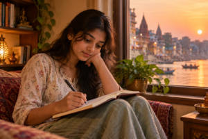 Indian student writing a reflective diary entry at home