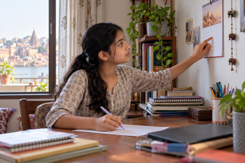 Indian student preparing a school notice at a home study desk